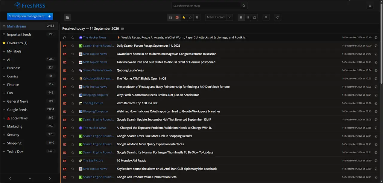 A screenshot of the FreshRSS normal view in dark theme, showing feed categories in the left sidebar and an open article in the main pane.