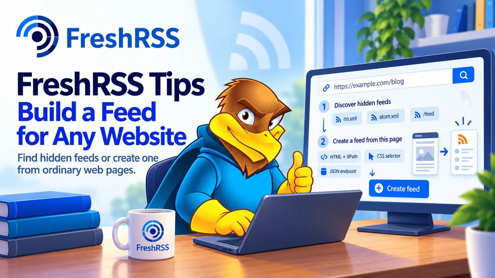 Illustration of a plain web page being converted into an RSS feed.