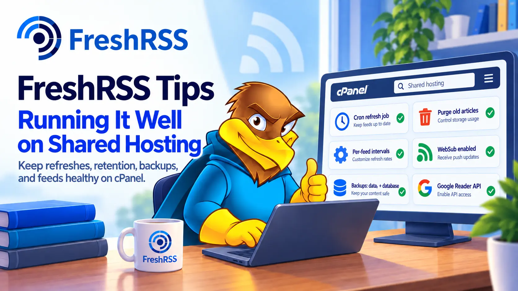Illustration of FreshRSS running on a cPanel hosting account with cron jobs and backups.