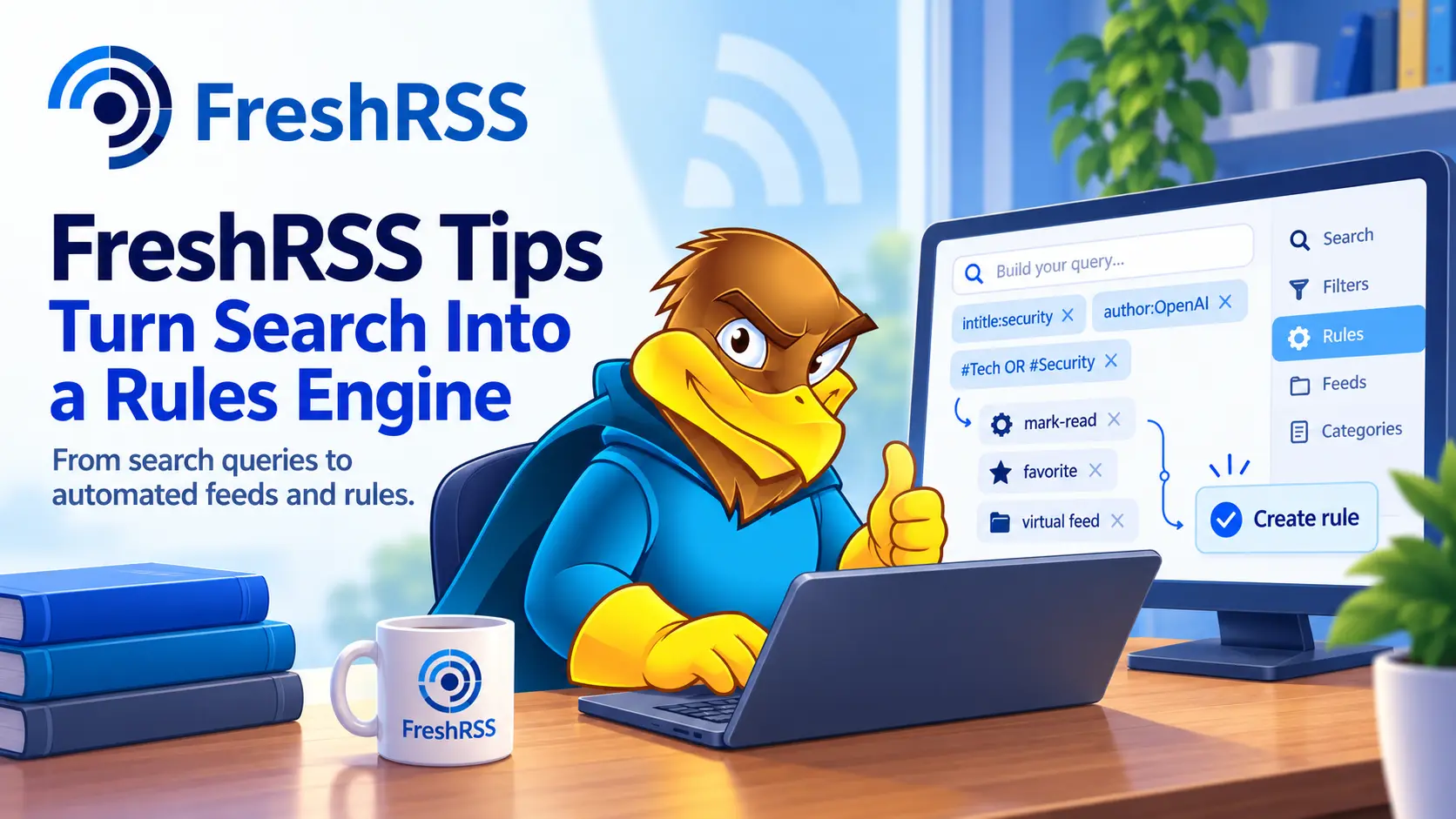 Illustration of a FreshRSS search expression being turned into an automatic filter rule.
