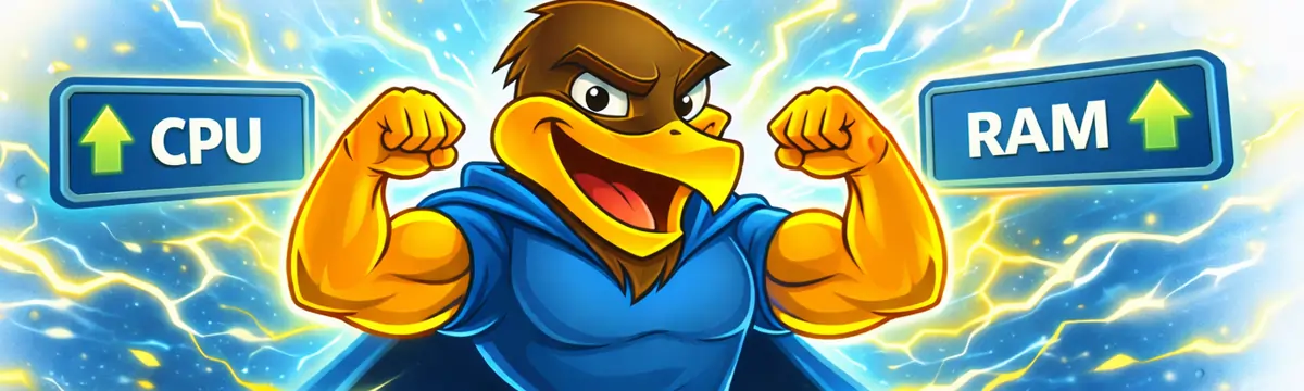 Hawk Host mascot flexing on a charged background with CPU and RAM up indicators.