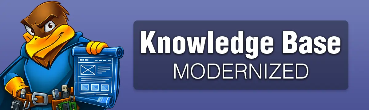 Hawk Host mascot holding a website blueprint and tools beside the text Knowledge Base Modernized