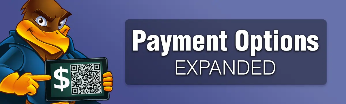 Hawk Host mascot pointing at a tablet with a dollar sign and QR code beside the heading Payment Options Expanded.