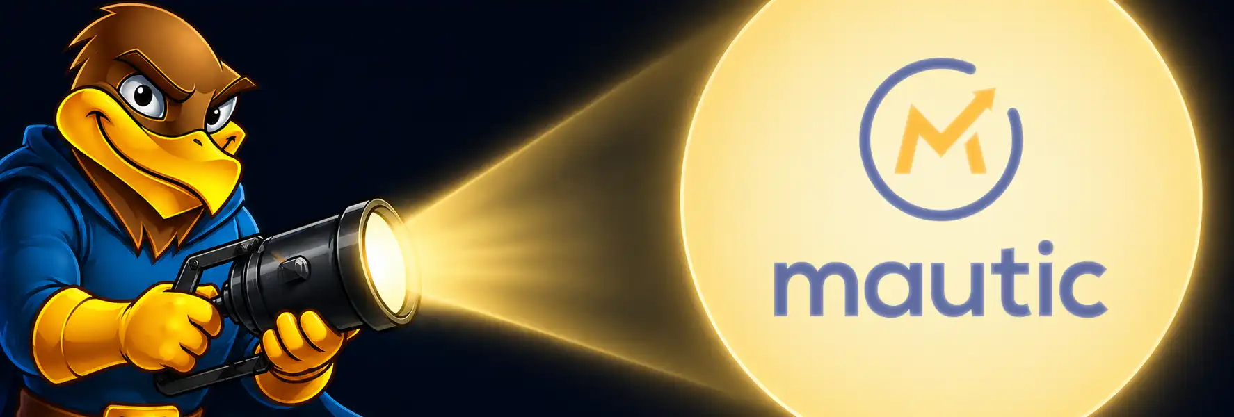 Hawk Host mascot shining a spotlight on the Mautic logo.