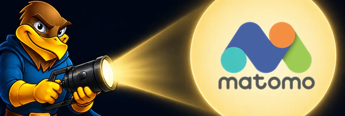 Hawk Host mascot shining a spotlight on the Matomo logo.
