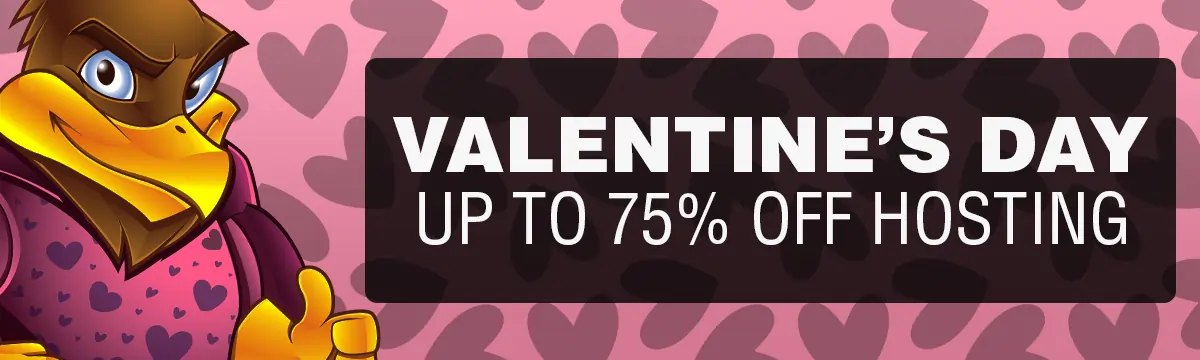 Valentines Day web hosting sale banner featuring a hawk mascot and up to 75% off discount.