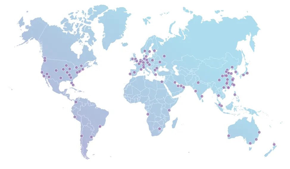 A map of the world with dots representing CloudFlare data center locations.