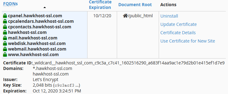 Hawk Host Let's Encrypt cPanel Interface