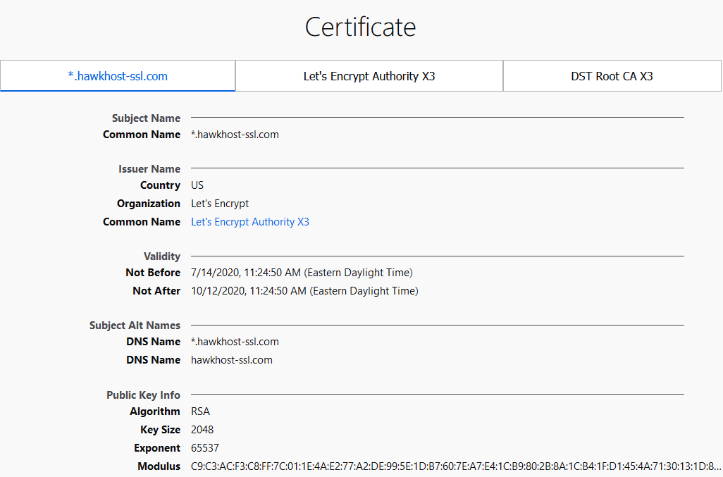 Hawk Host Let's Encrypt cPanel Interface