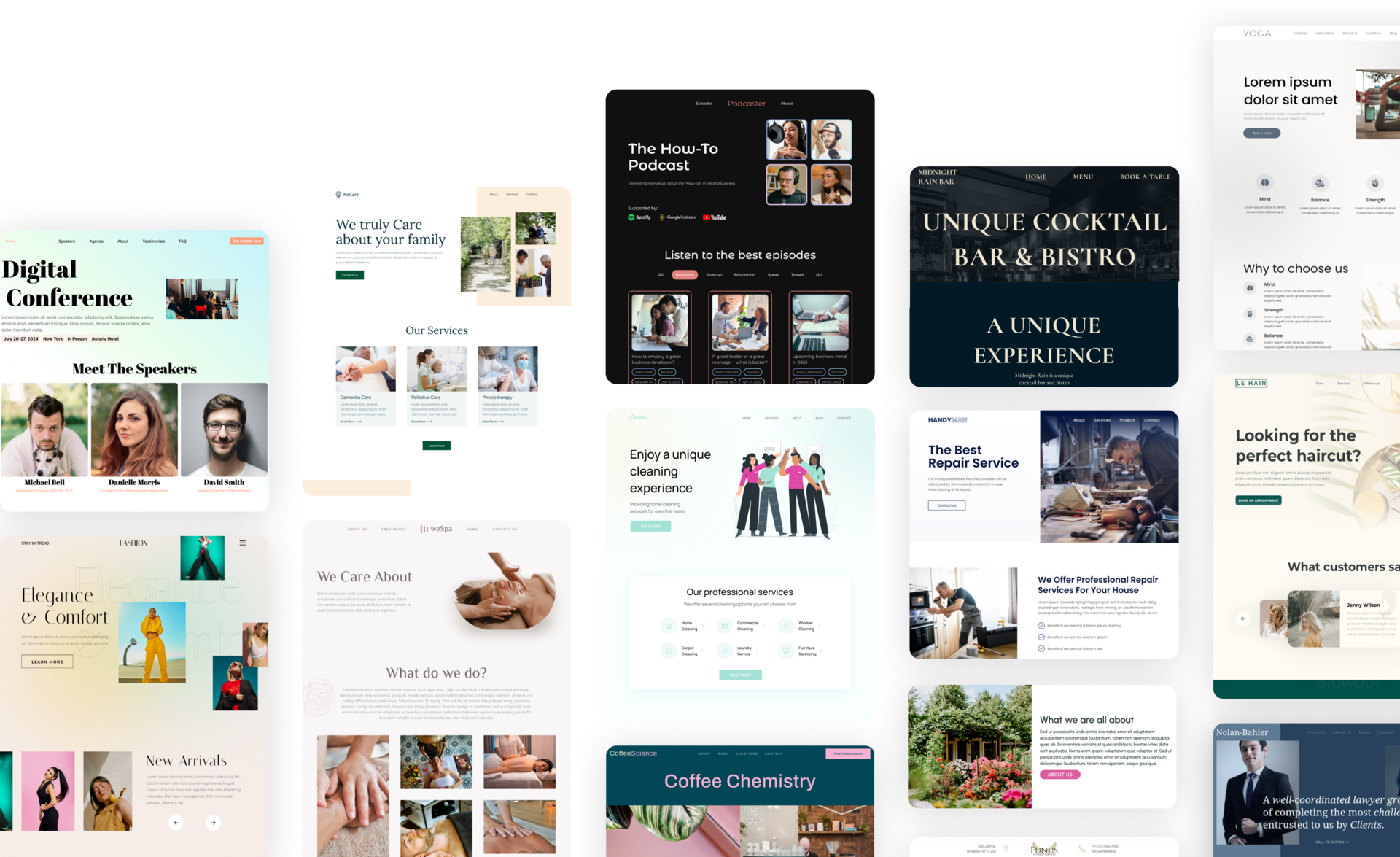 A collage showing several available themes for the SiteJet software.