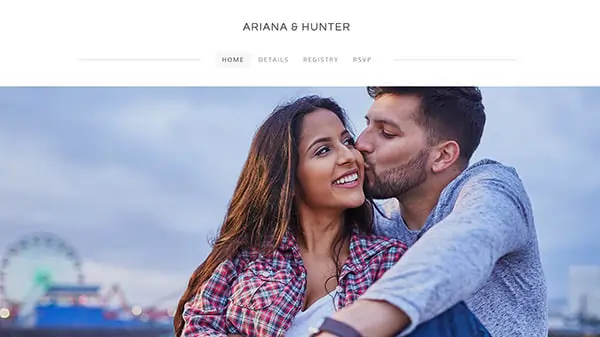 Screenshot of a Weebly theme for a wedding showing a man kissing a woman on the cheek.