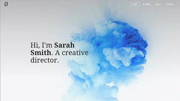 Screenshot of a Weebly theme for a personal portfolio site showing a blue puff of smoke.