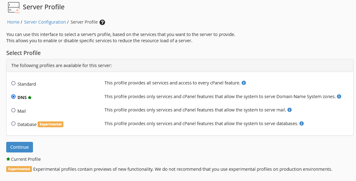WHM Server Profile Choices