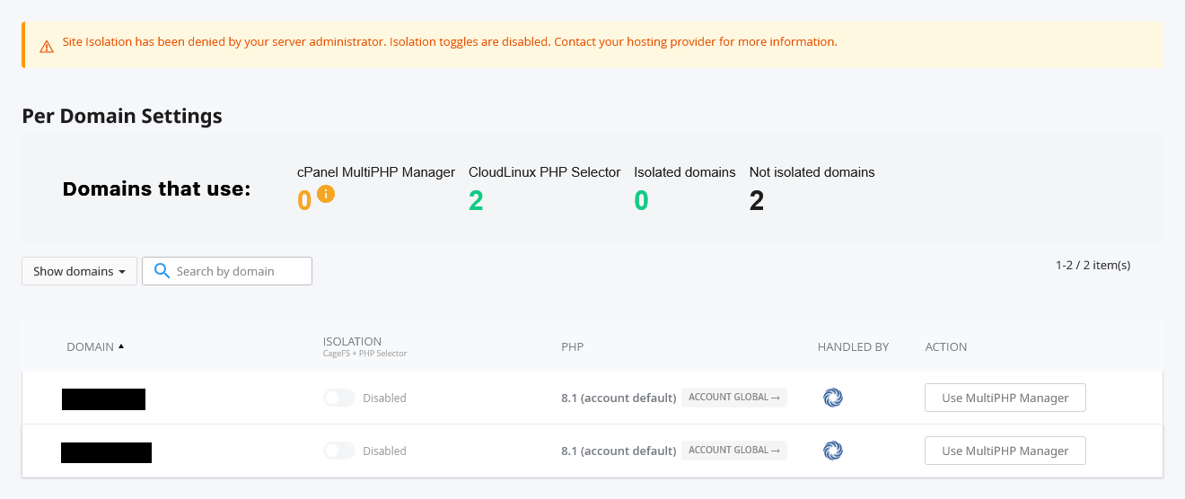 Site Isolation Interface in cPanel