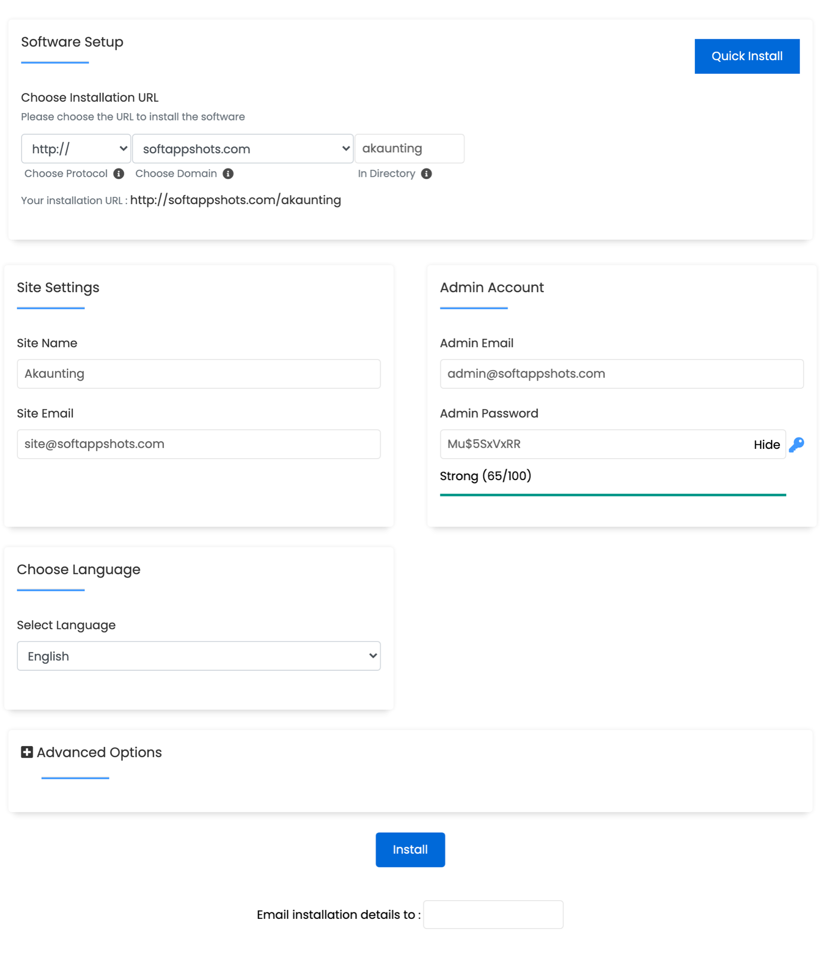 Akaunting Install Options