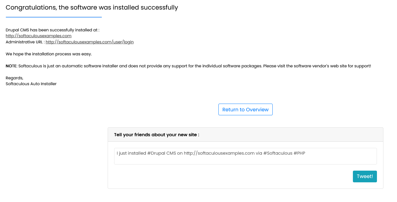Drupal CMS installation success