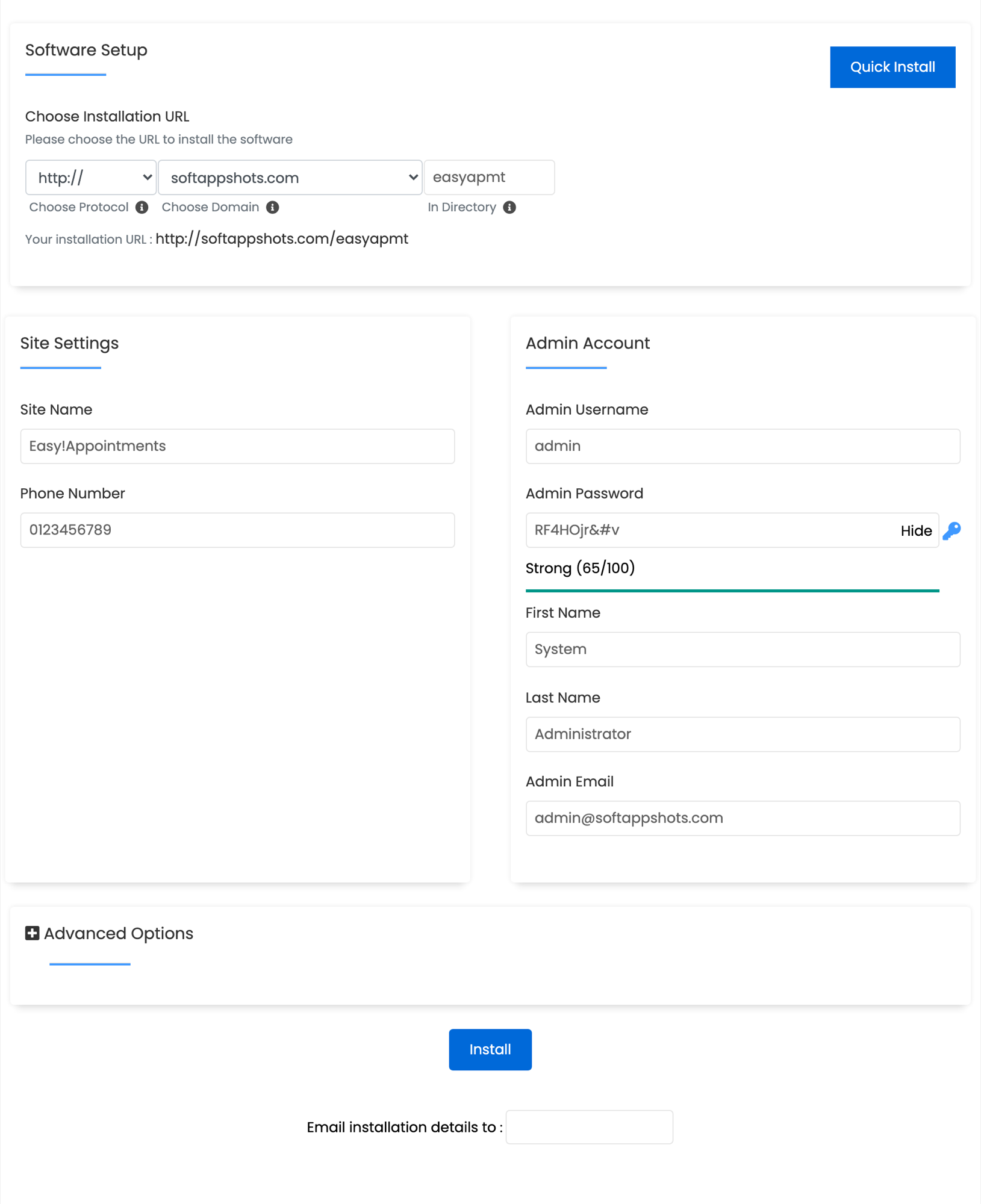 EasyAppointments Install Options