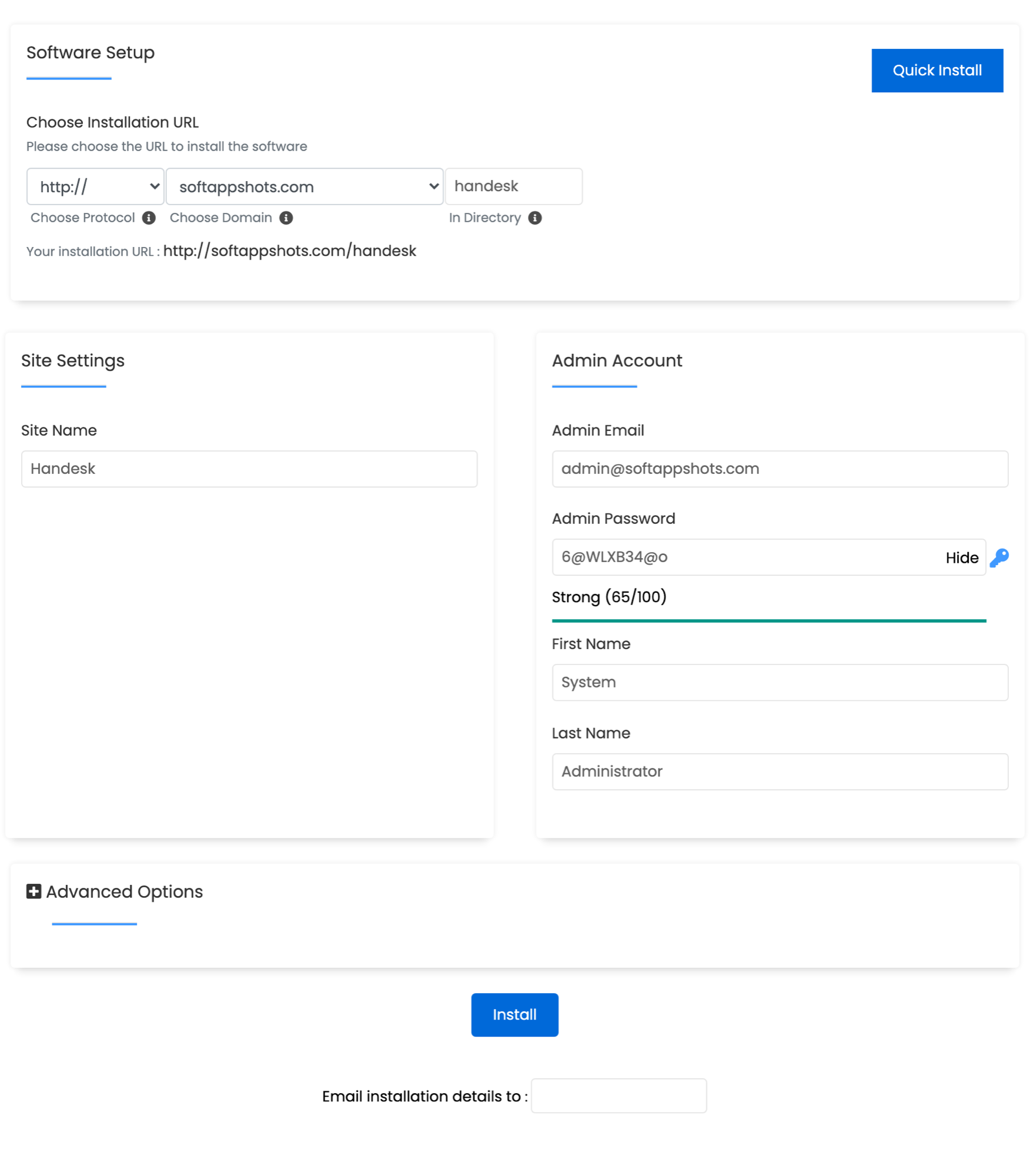 Handesk Install Options