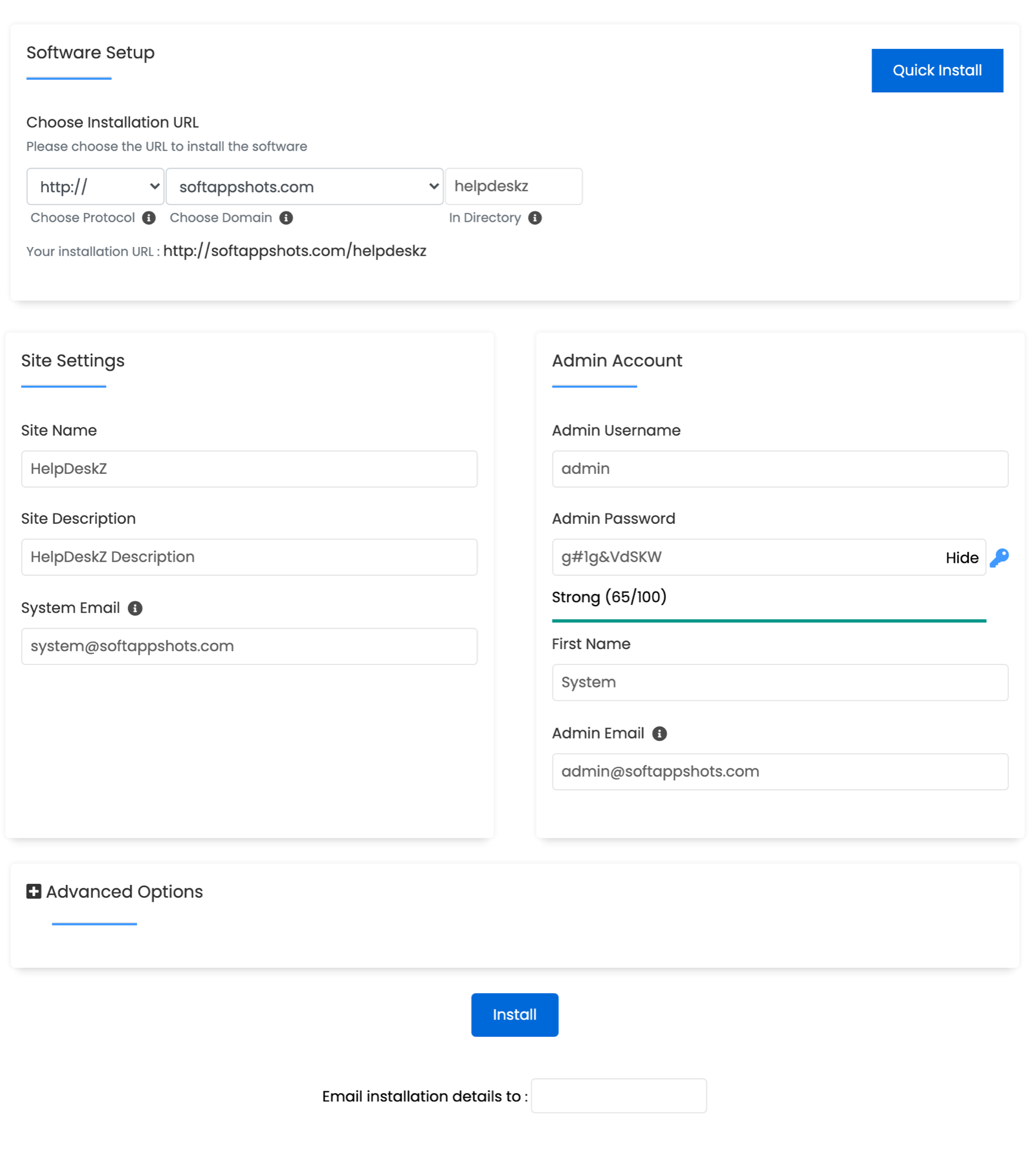 HelpDeskZ Install Options
