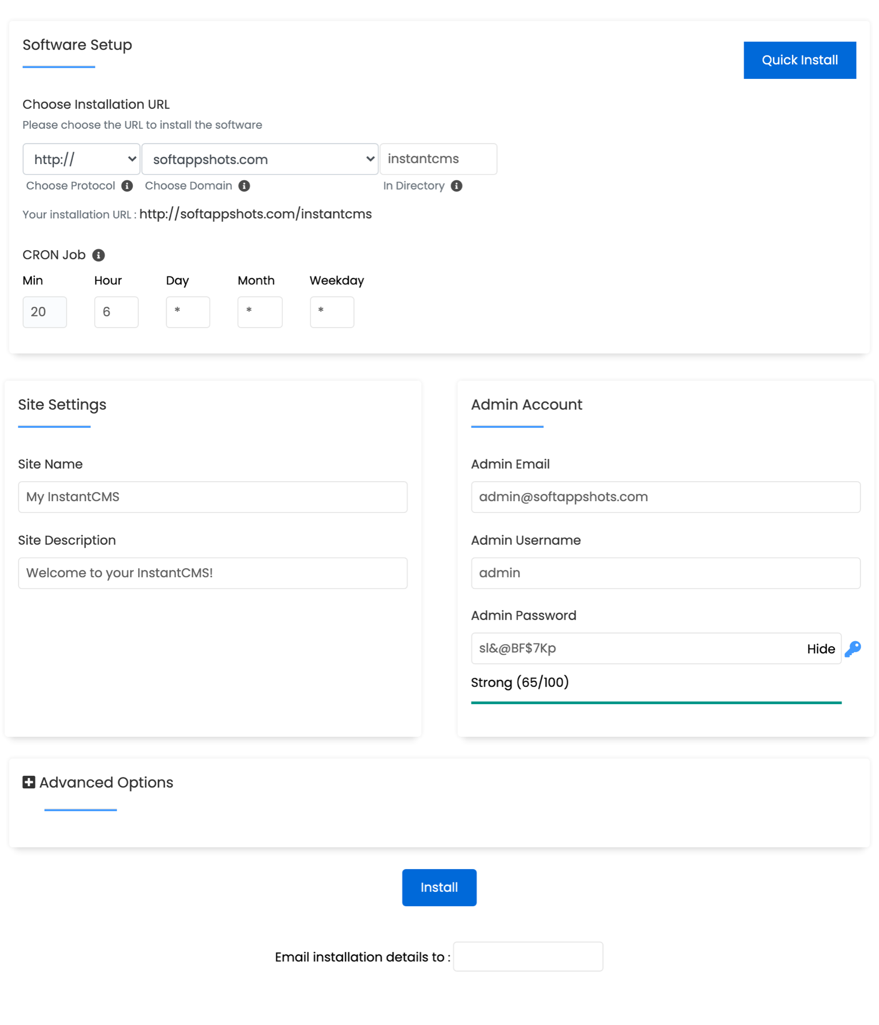 InstantCMS Install Options