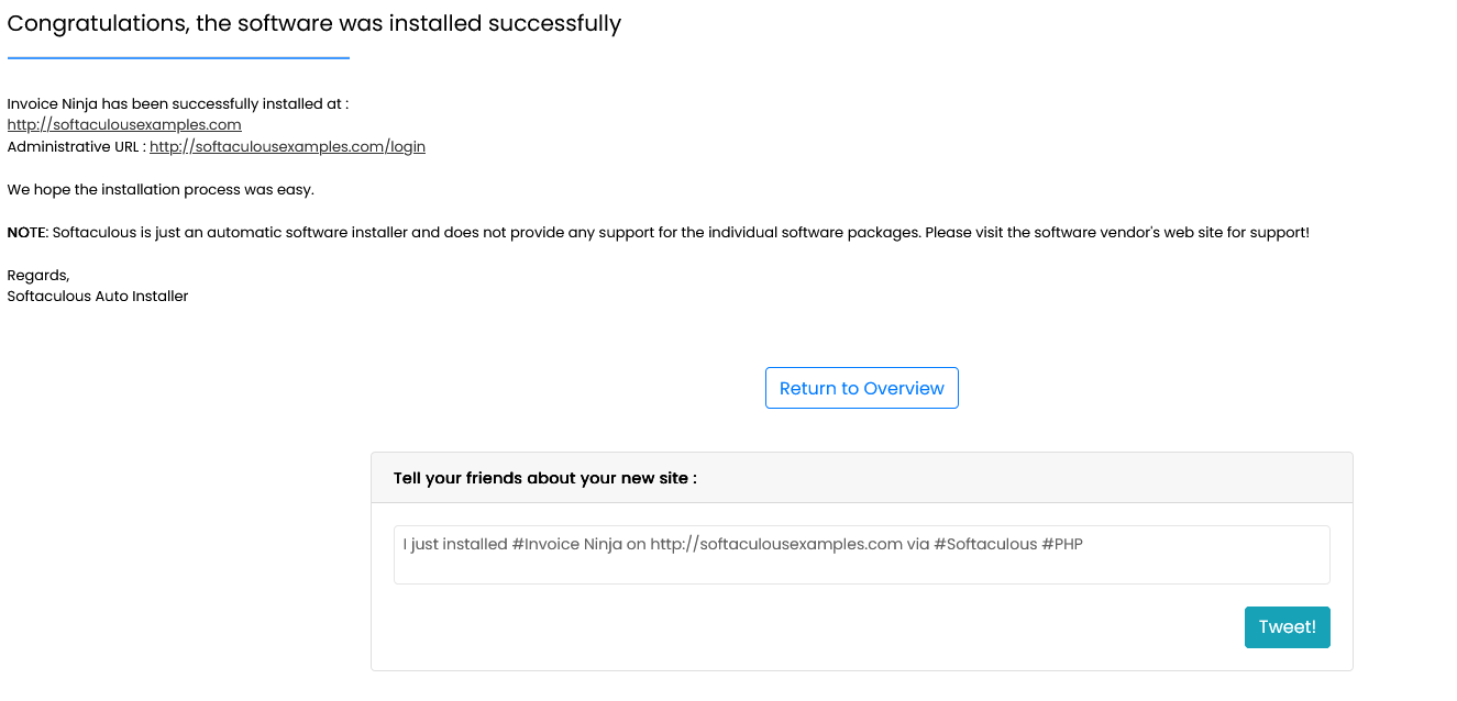 Invoice Ninja installation success