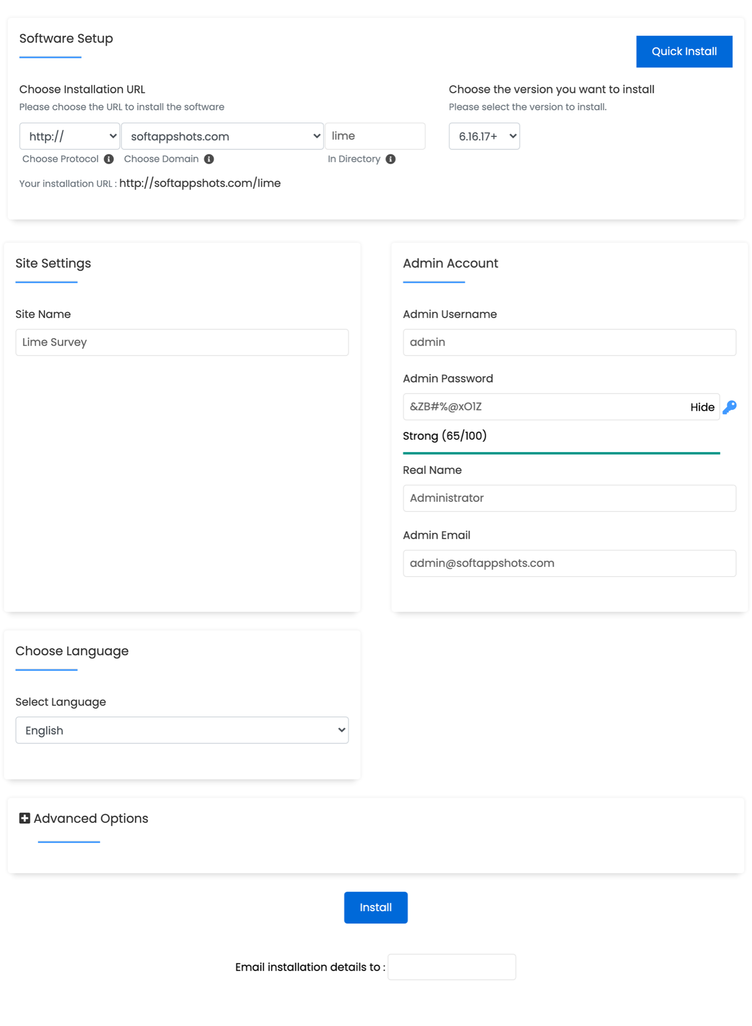 LimeSurvey Install Options