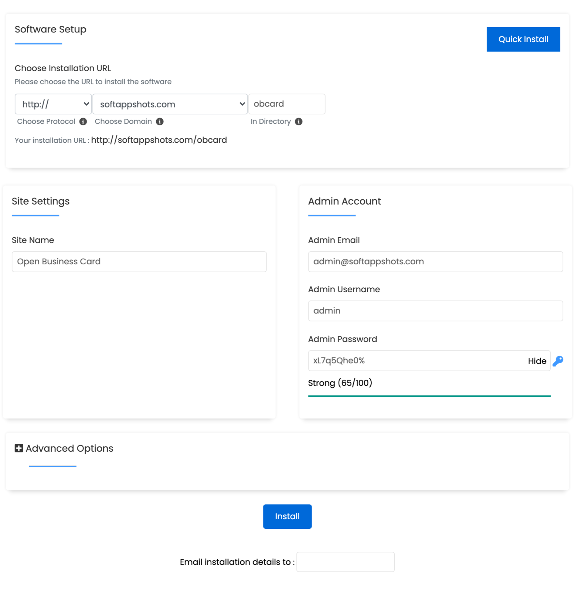 Open Business Card Install Options