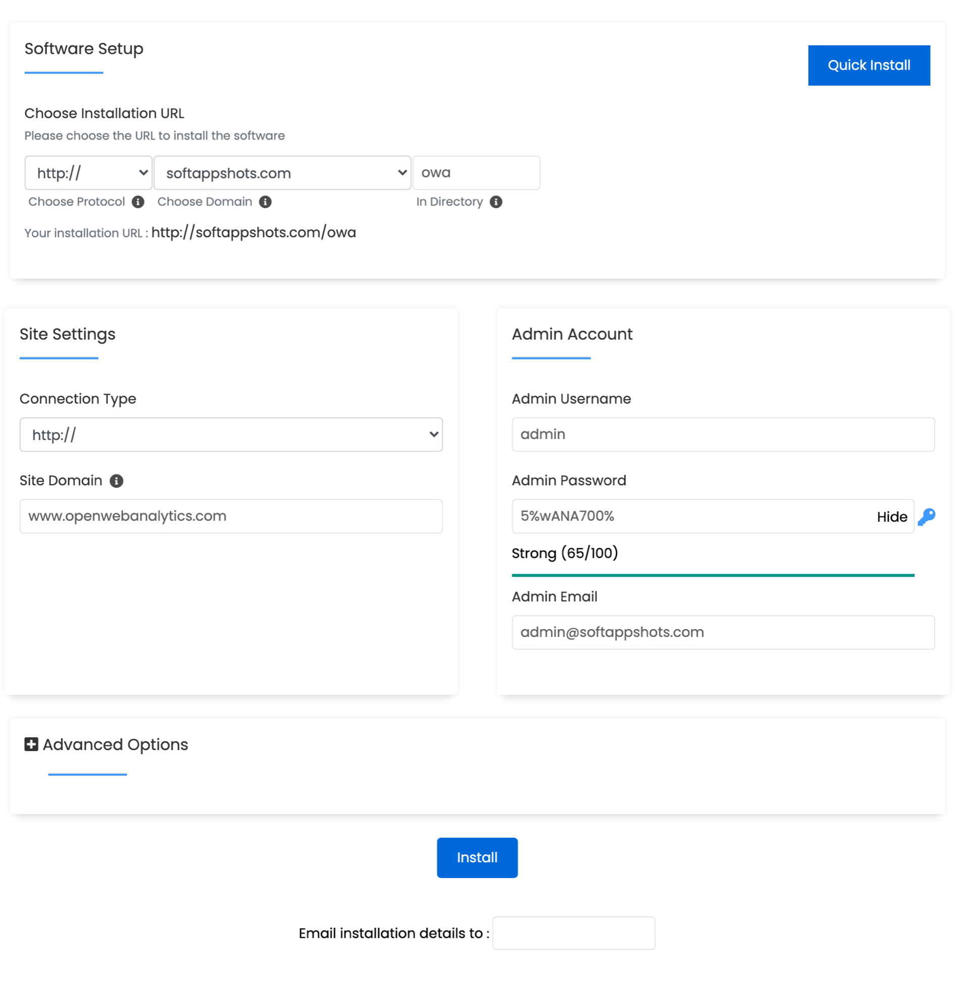 Open Web Analytics Install Options