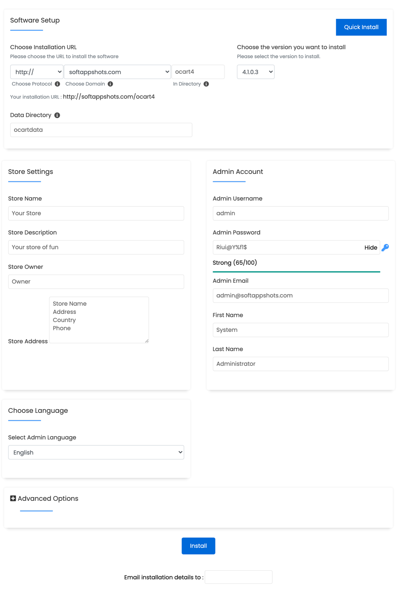 OpenCart Install Options