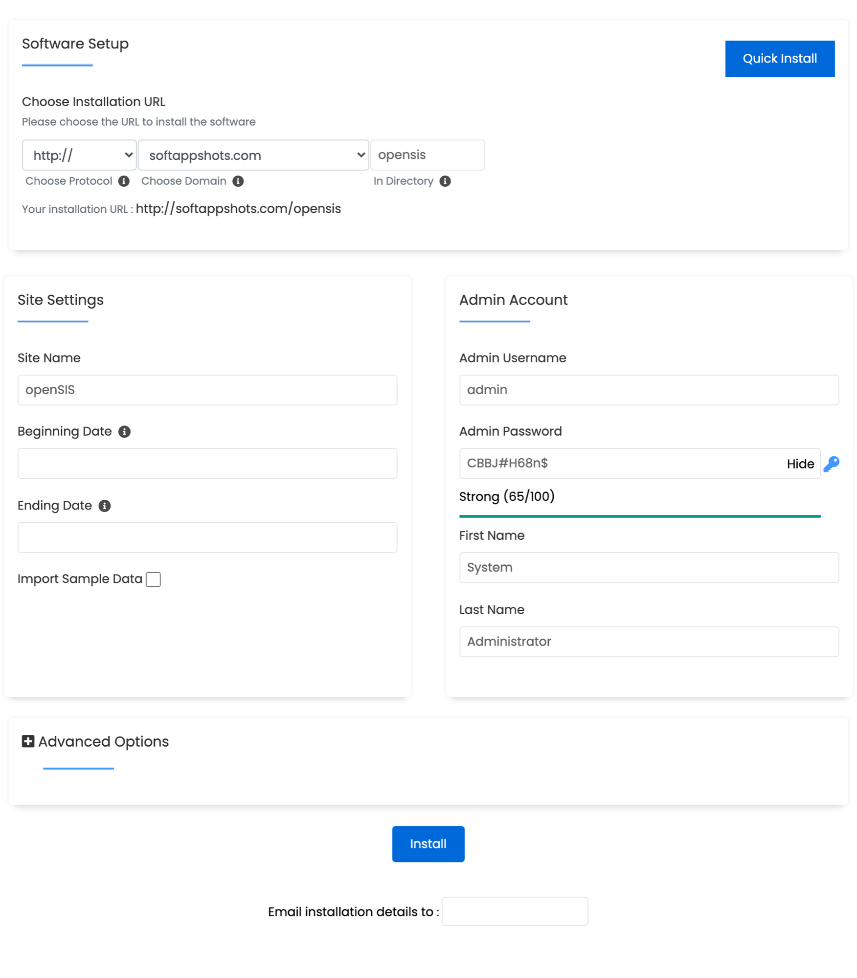 openSIS Install Options