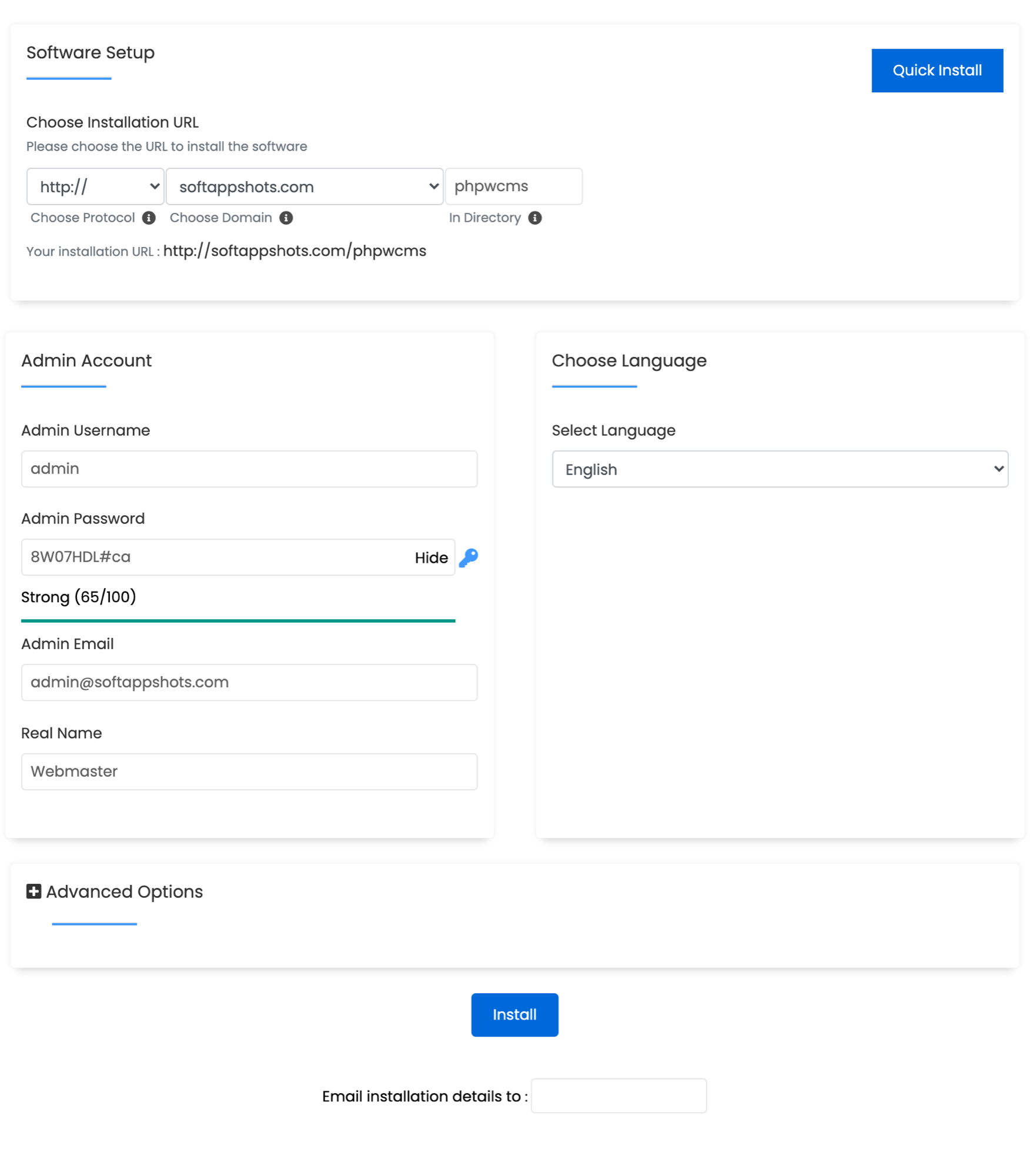 phpwcms Install Options