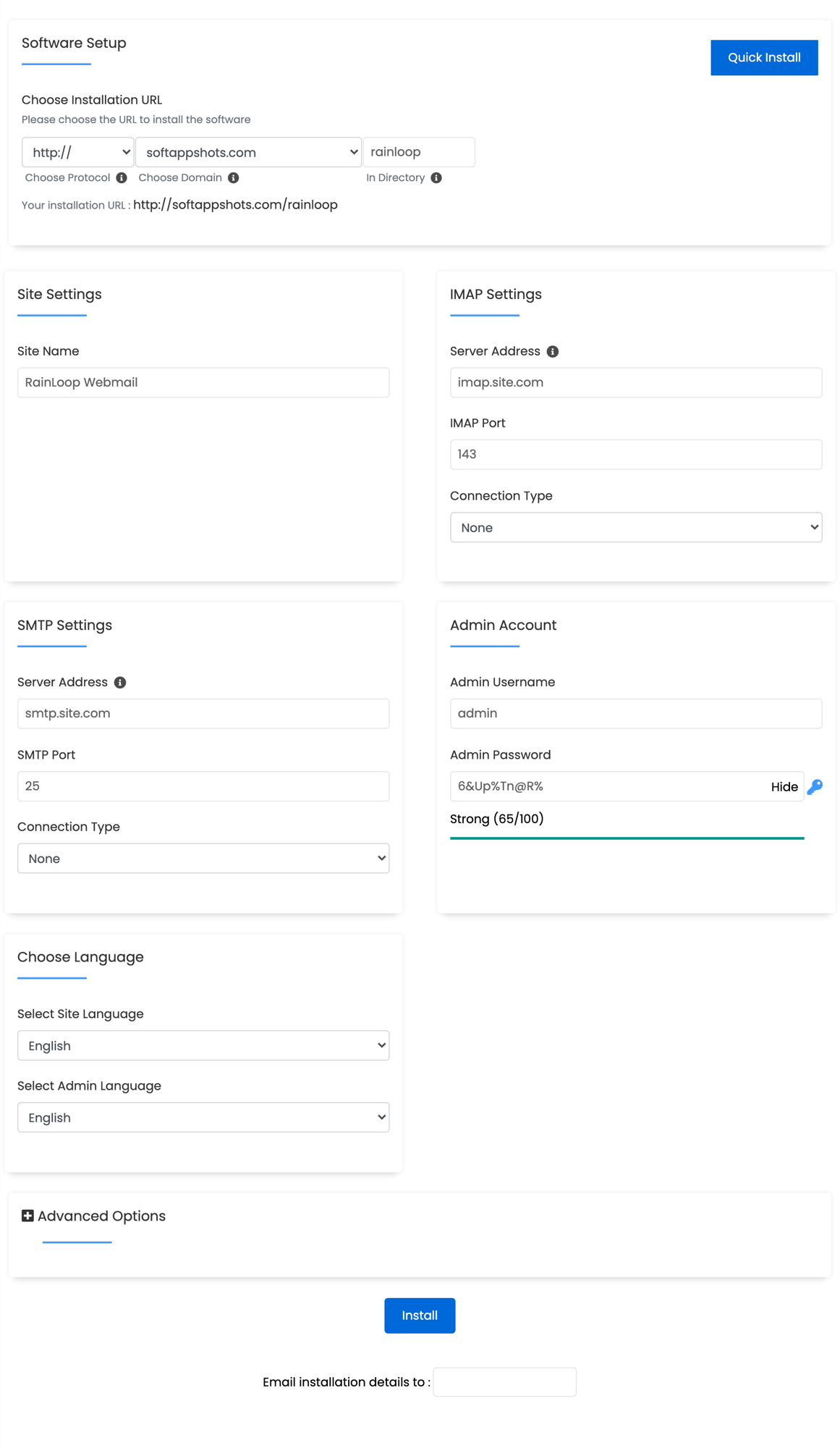 RainLoop Webmail Install Options