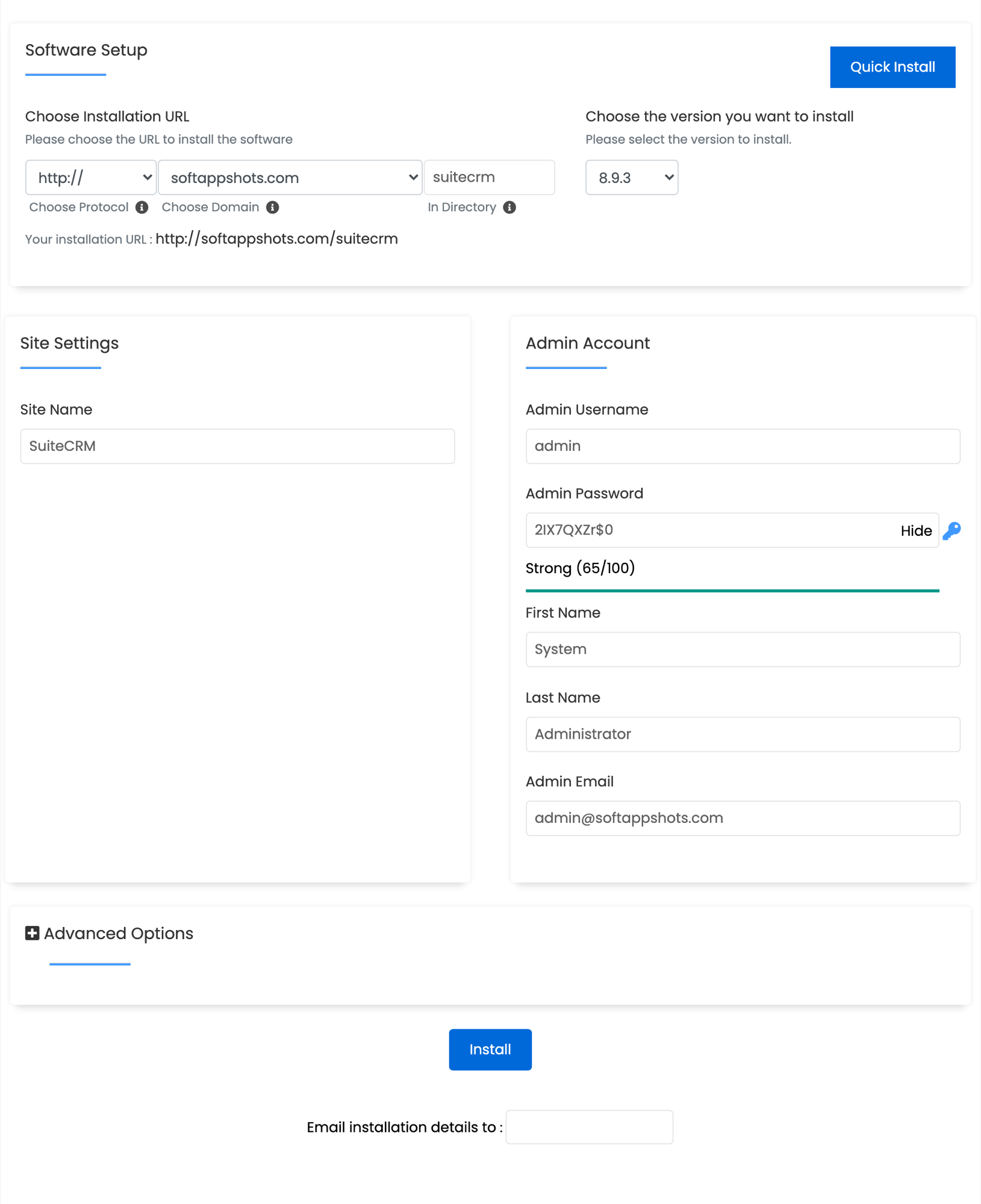 SuiteCRM Install Options