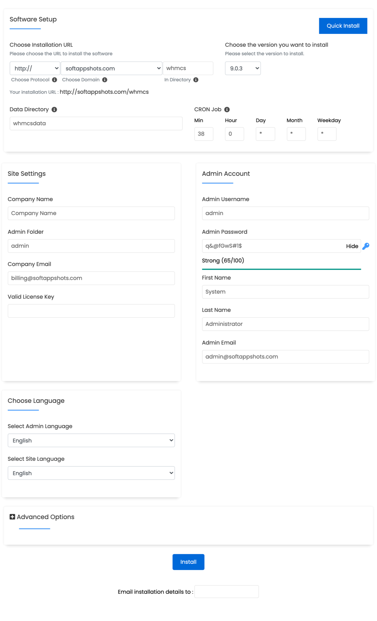WHMCS Install Options