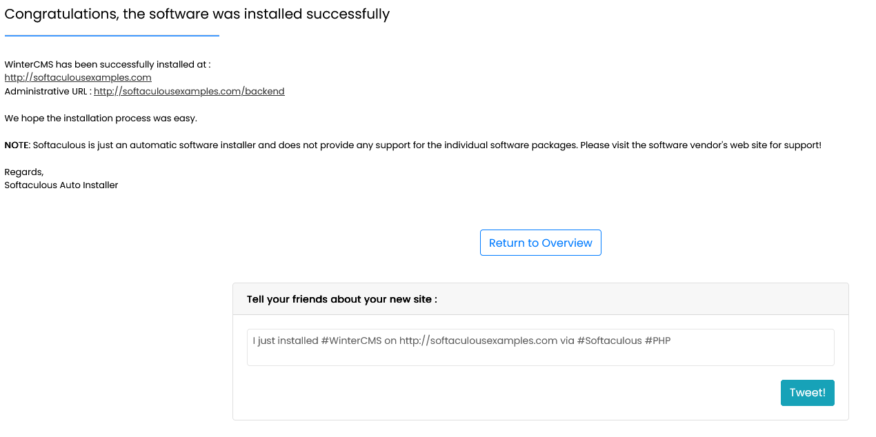 Winter CMS installation success