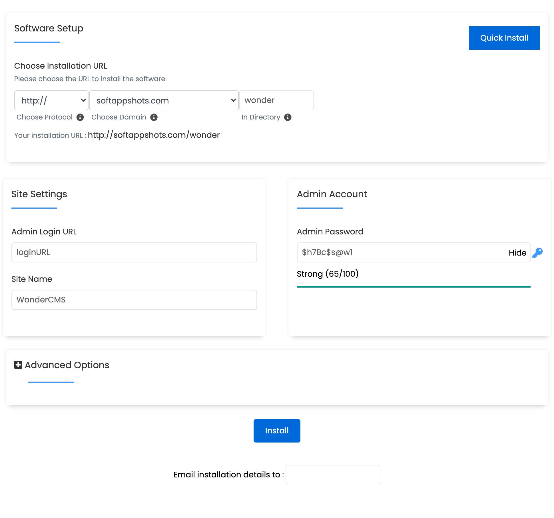 WonderCMS Install Options