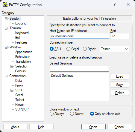 PuTTY connection settings