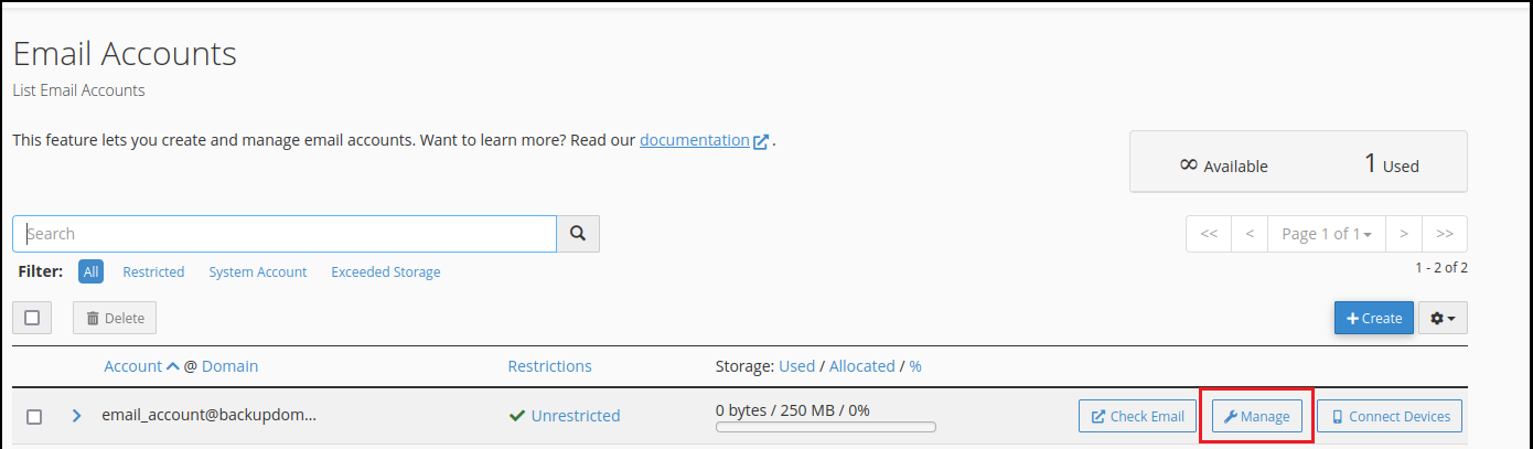 Manage button for email account