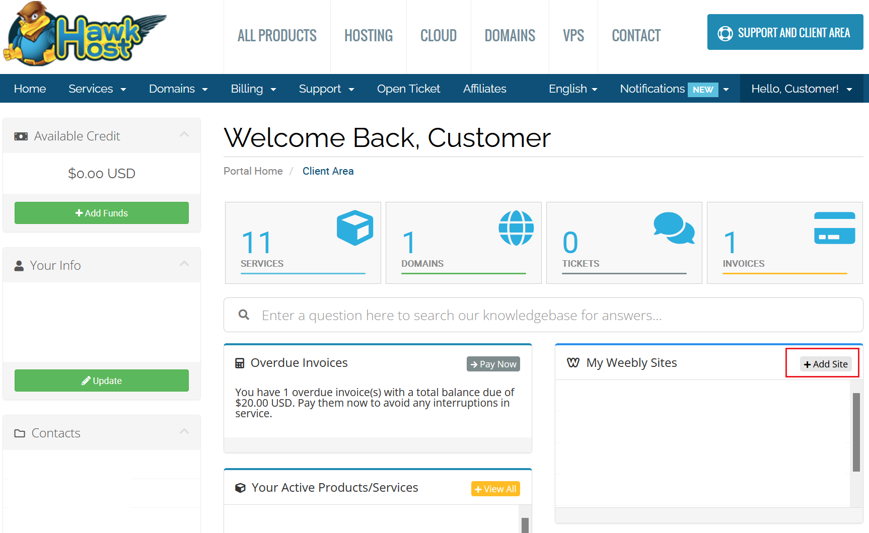 Weebly Add Site button