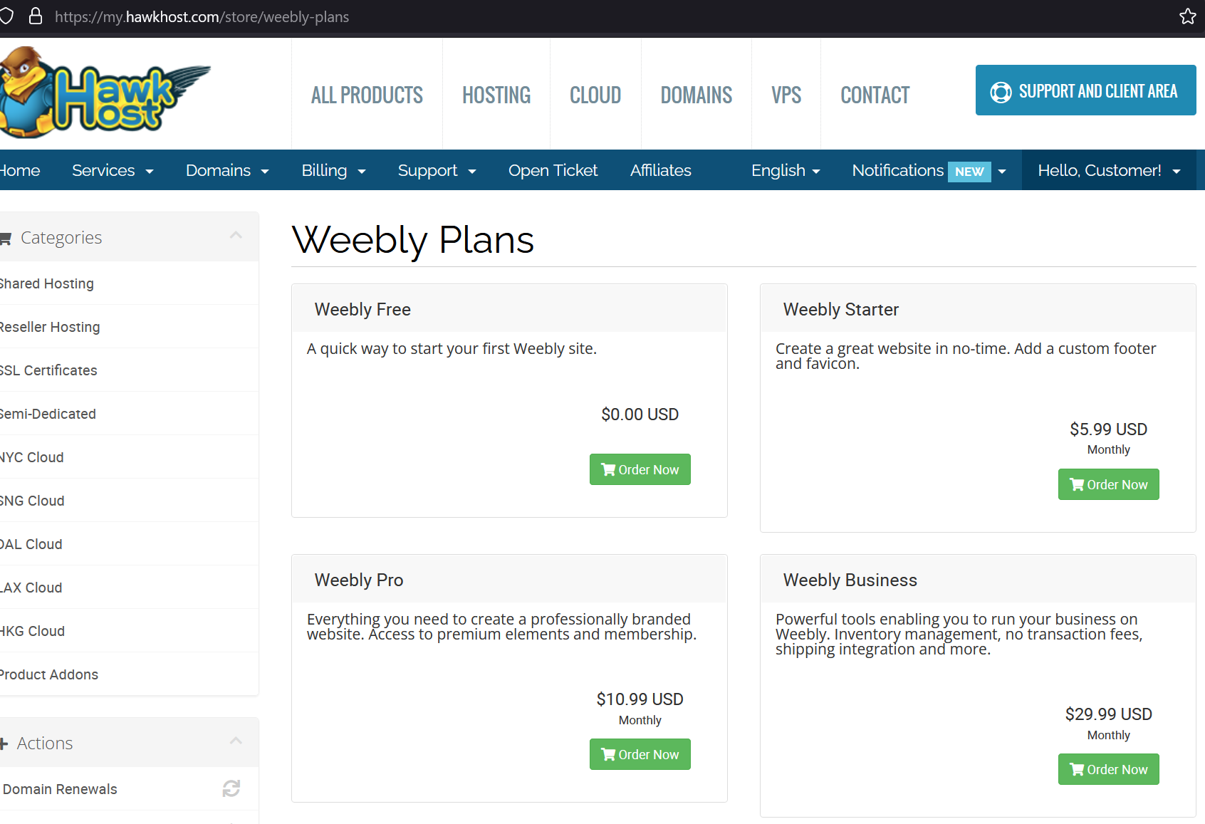Weebly plan selection
