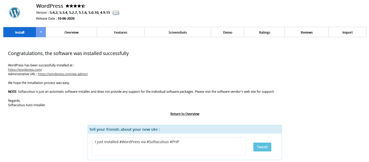 WordPress installation success