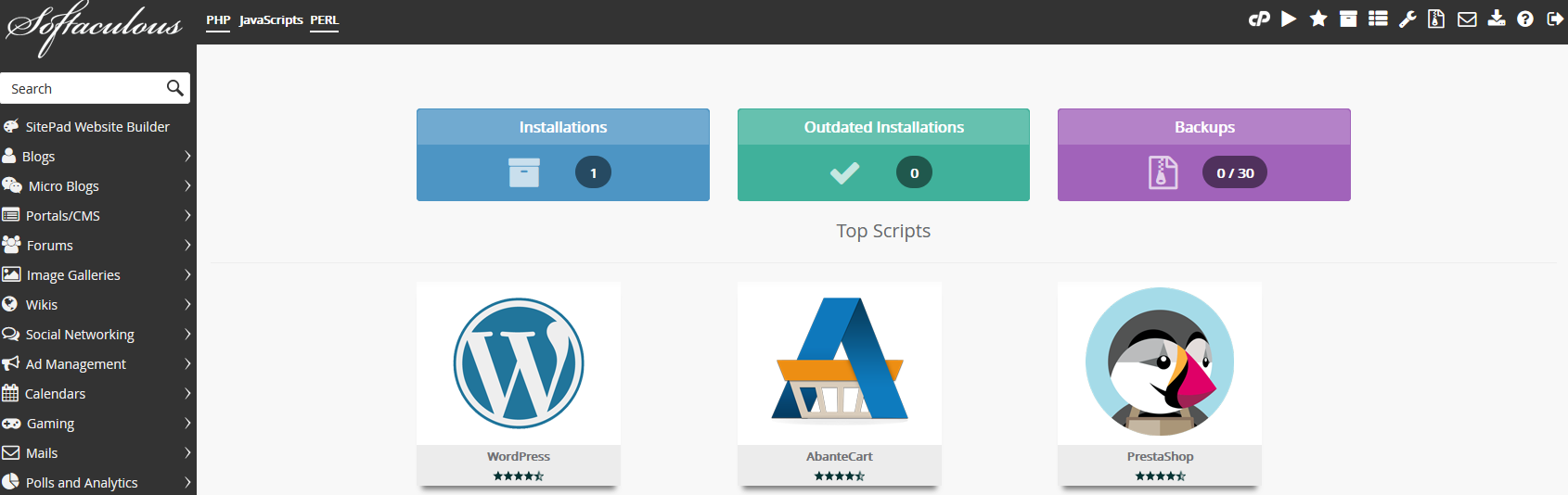 WordPress in Softaculous dashboard