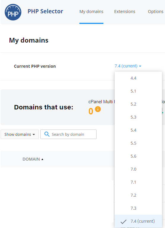 Select PHP Version - My Domains