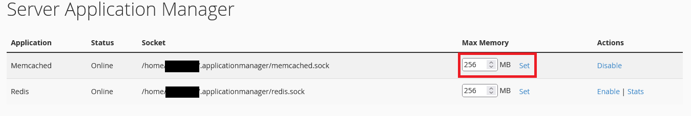 Server Application Manager interface showing the Max Memory input field for Memcached.
