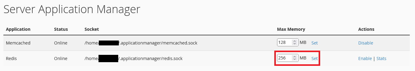 Server Application Manager interface showing the Max Memory input field for Redis.