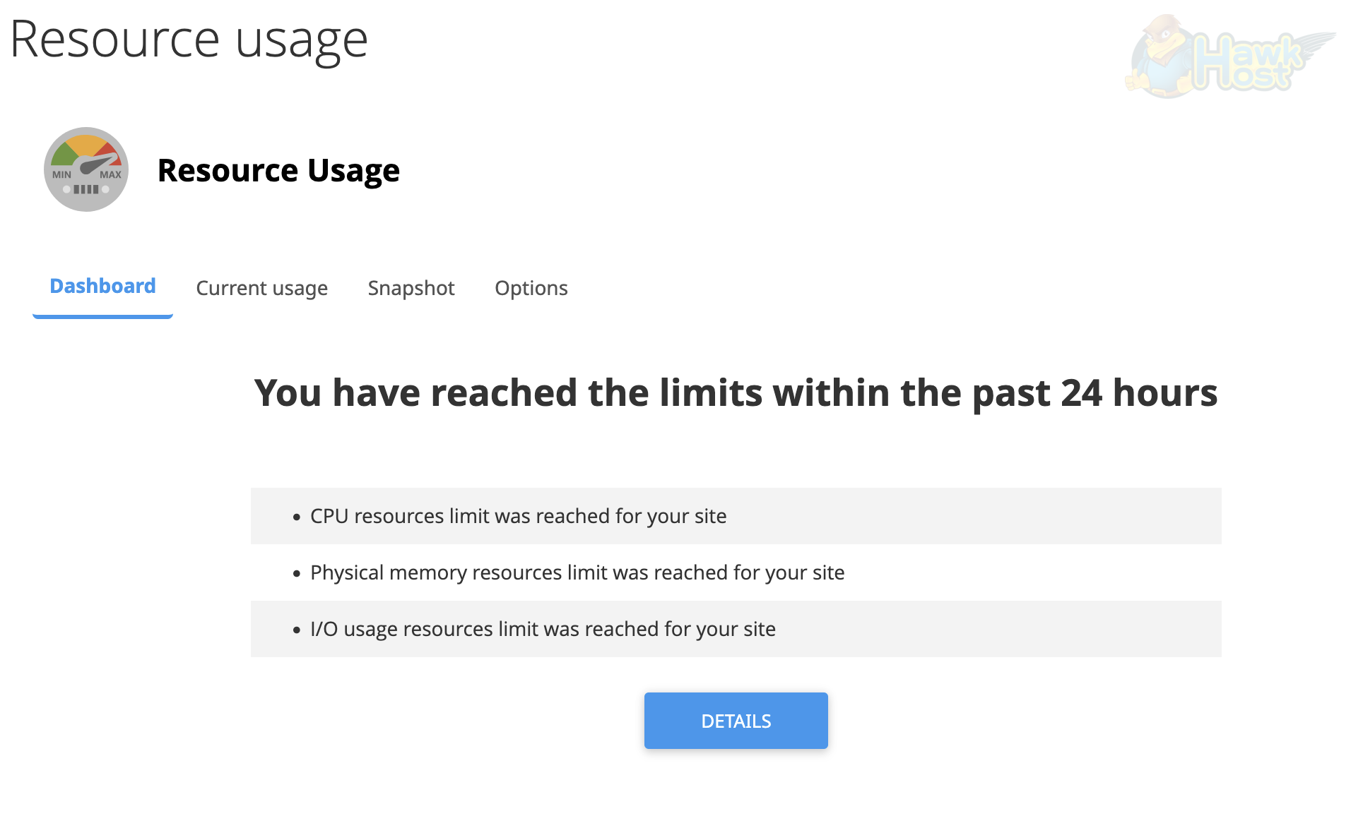 Resource Usage dashboard showing limits reached in the past 24 hours