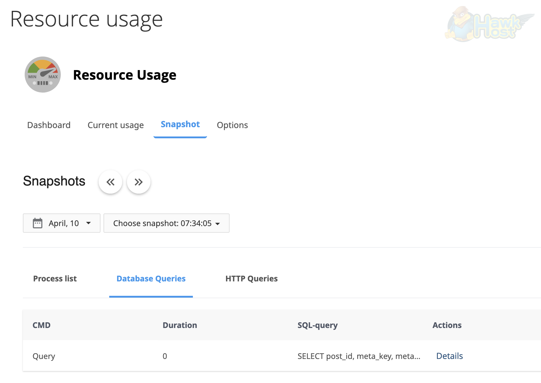 Database Queries tab showing command, duration, SQL query preview, and details link