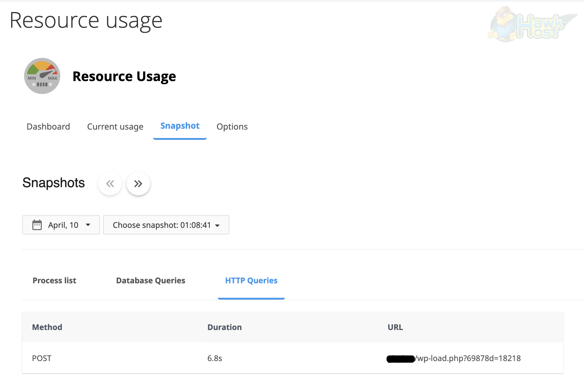HTTP Queries tab showing request method, duration, and URL