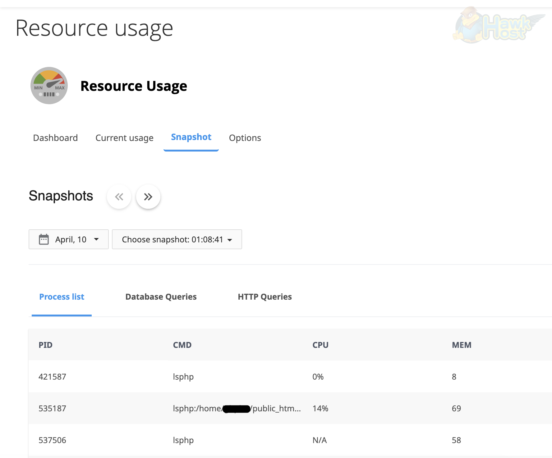 Snapshot tab showing date picker and snapshot selection with process list