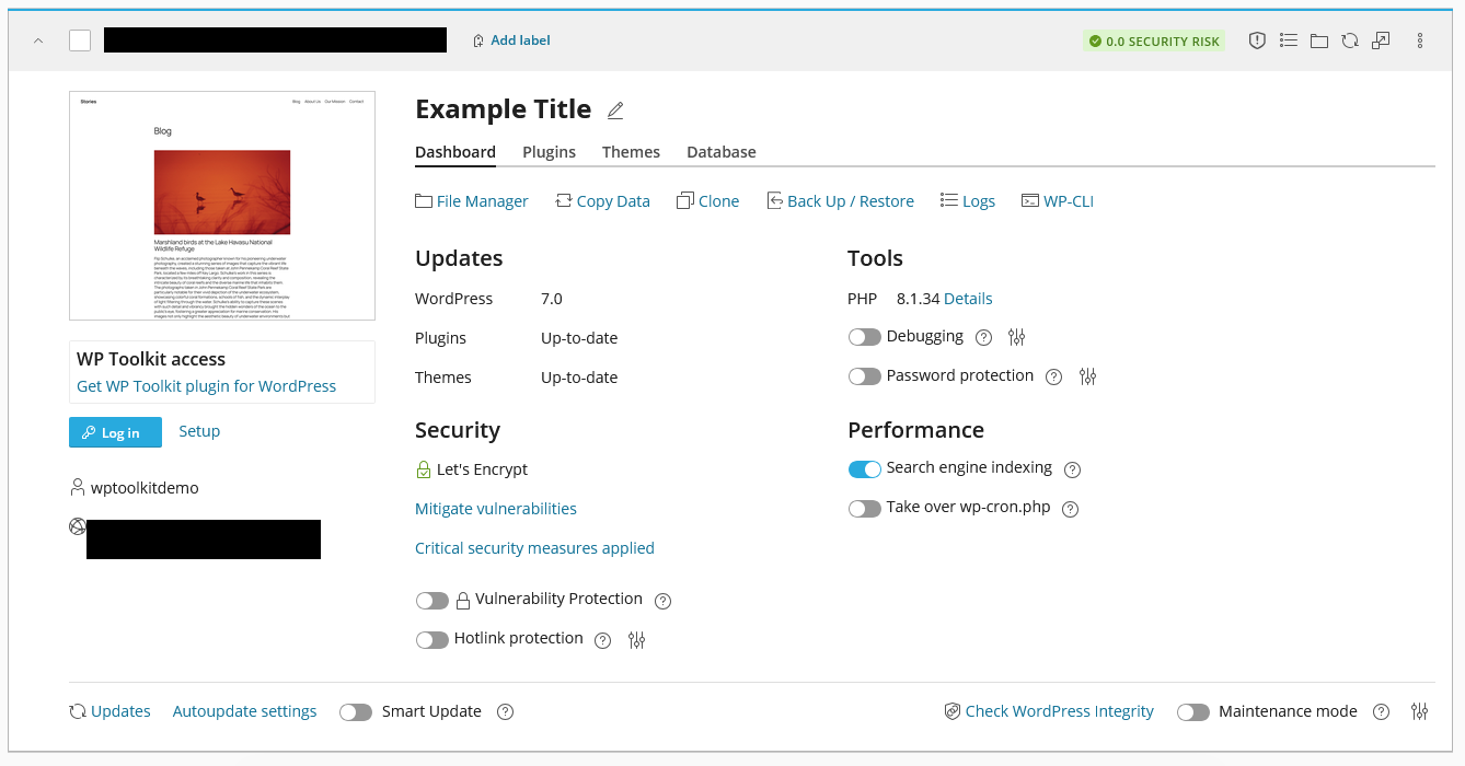 WP Toolkit WordPress Installation Complete